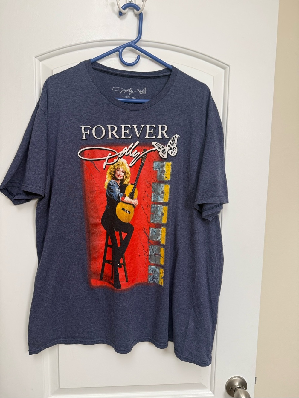 Dolly Parton Forever Navy Tee with Red Graphic and Yellow Guitar